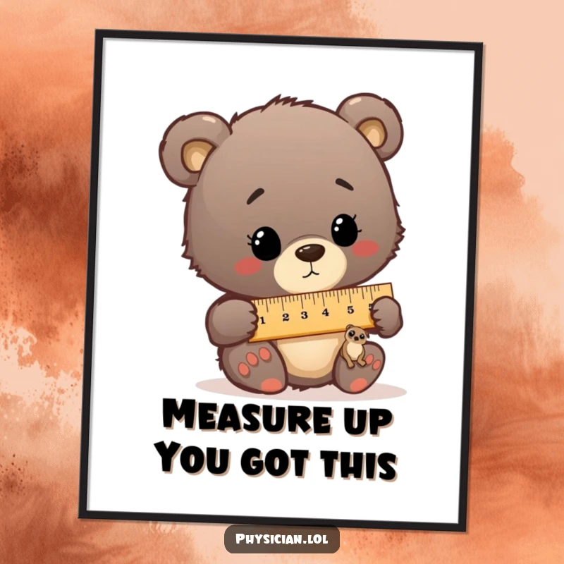 Funny Free Printable Wall Art: Curious bear cub comically measures a tiny patient with an oversized ruler, a humorous decoration.