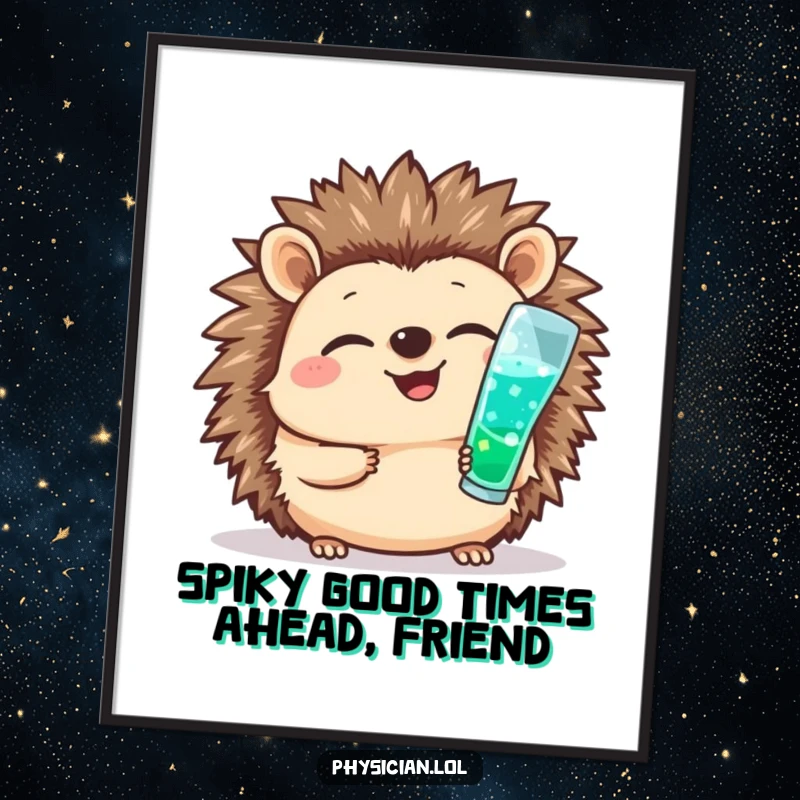 Funny Free Printable Wall Art: A giggling hedgehog expertly giving a cheerful medical shot, bringing whimsical medical art to life.