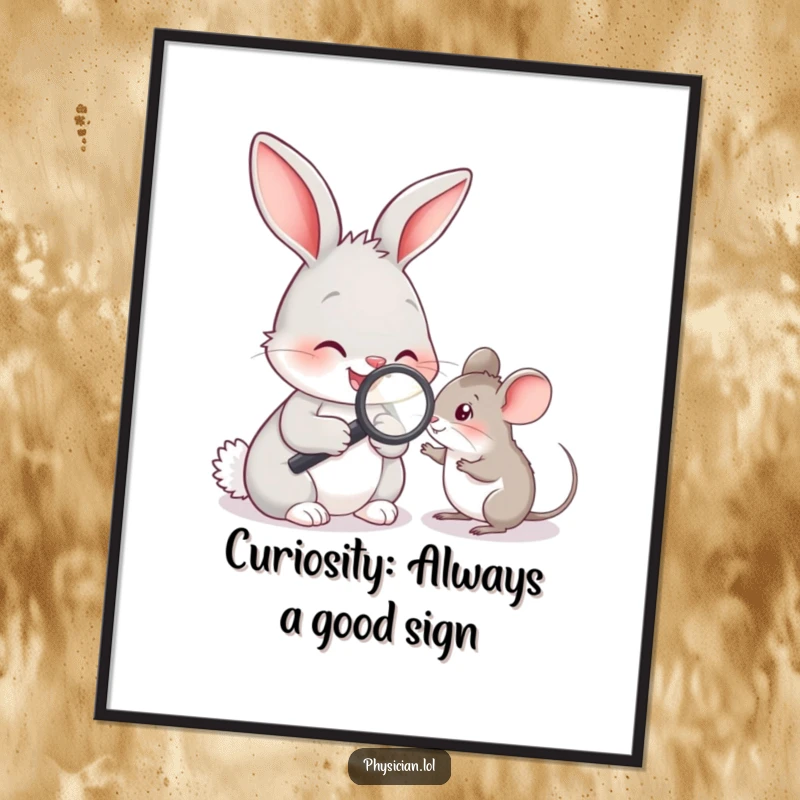 Funny Free Printable Wall Art: A cheerful rabbit doctor meticulously examines a tiny mouse with a magnifying glass. Whimsical and humorous decor.