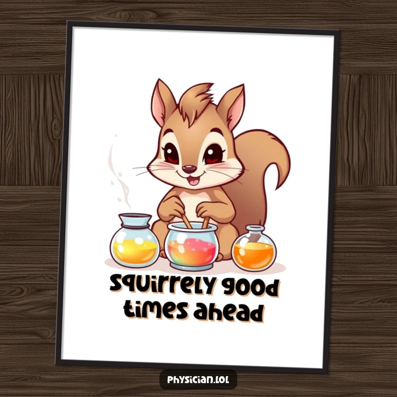 Funny Free Printable Wall Art: Brave squirrel artistically preparing a vibrant, humorous concoction for unique decor.