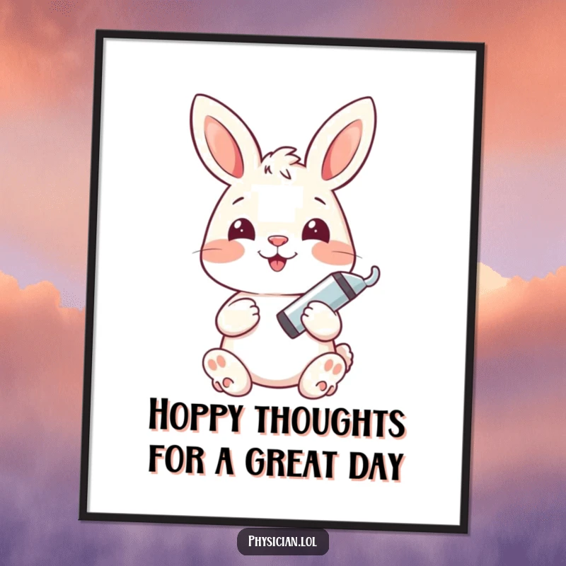 Funny Free Printable Wall Art featuring a happy bunny holding a tiny syringe with a gentle smile.