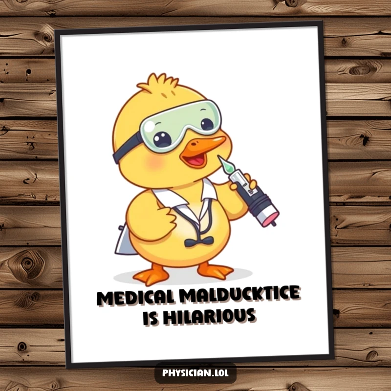 Funny Free Printable Duck Doctor Wall Art: A cute duck doctor in uniform gives a playful injection from a dropper.
