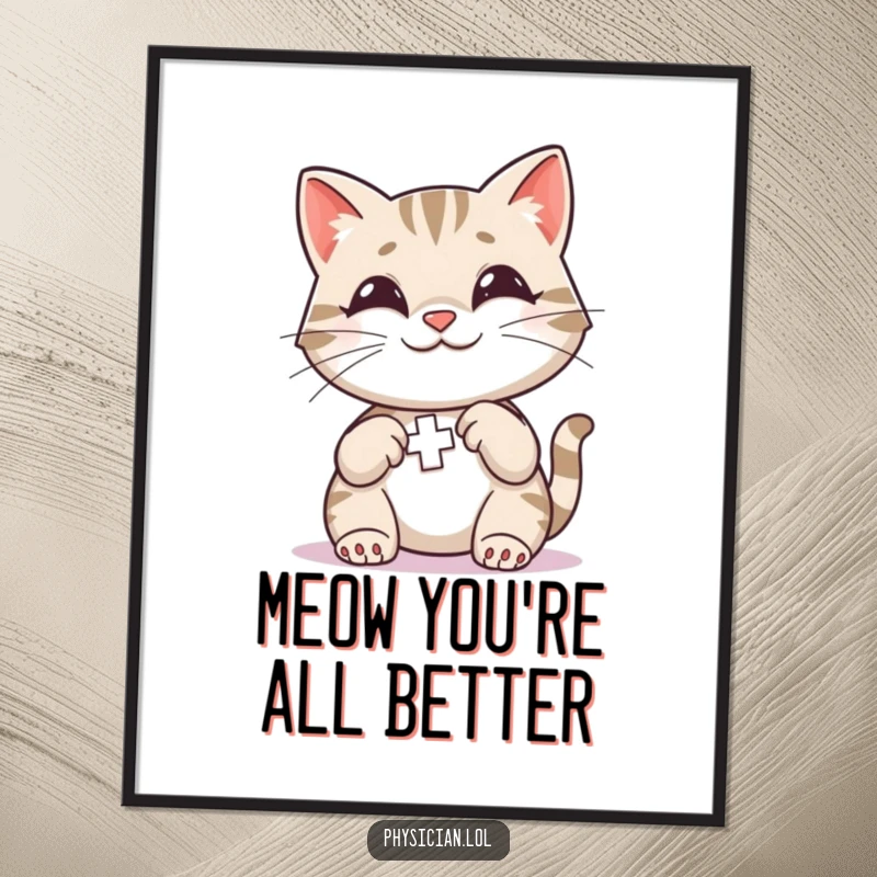 Funny Free Printable Wall Art: A smiling cat applying a small colorful bandage, humorous downloadable art for a cozy space.