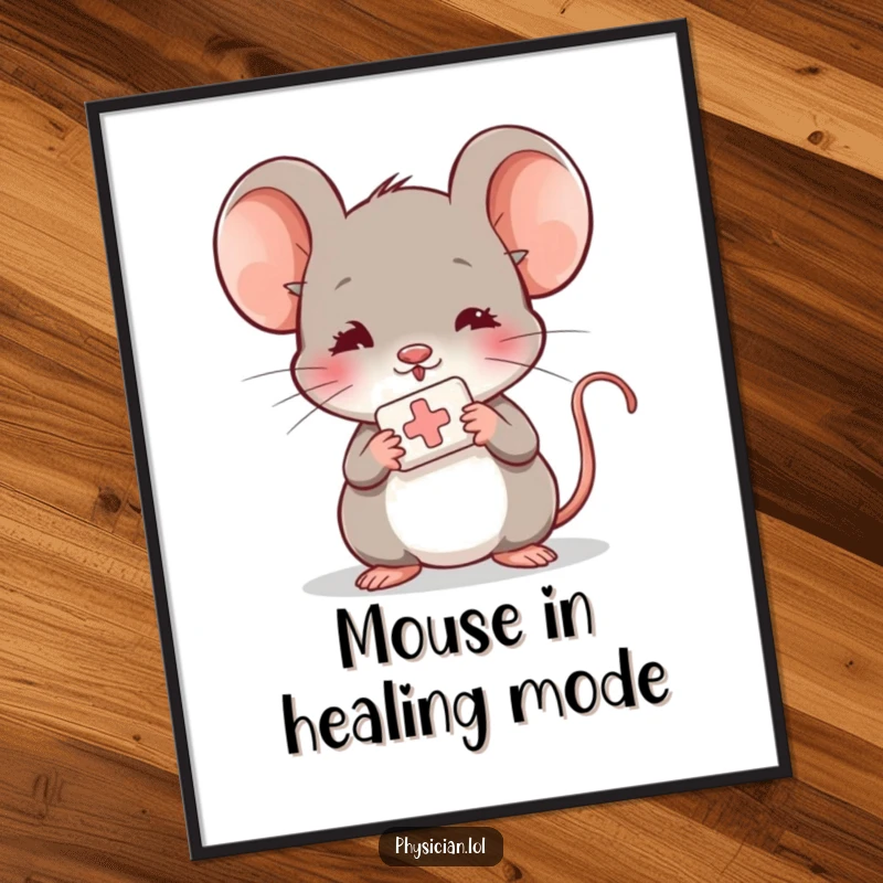 Funny Free Printable Wall Art: Shy mouse carefully offering a small bandage, a sweet and humorous addition to your decor.