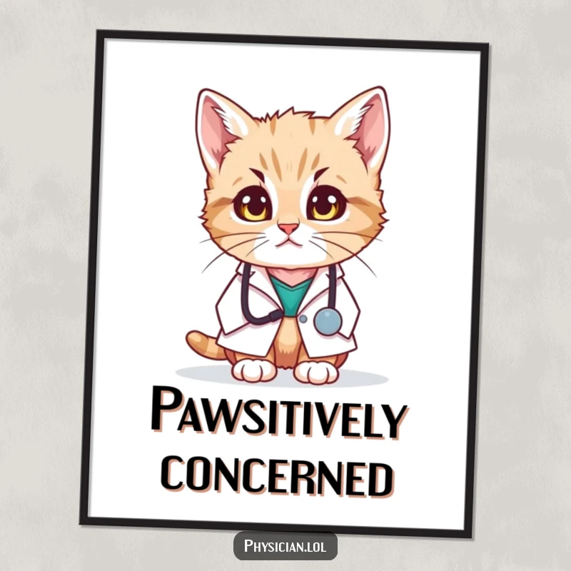 Funny free printable wall art: a small kitten dressed as a doctor wearing a white coat, looking quite concerned.