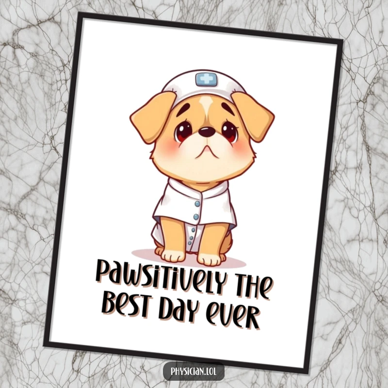 Funny Free Printable Wall Art: Confused dog dressed in a tiny patient gown, looking anxious and scared. Humorous decor.