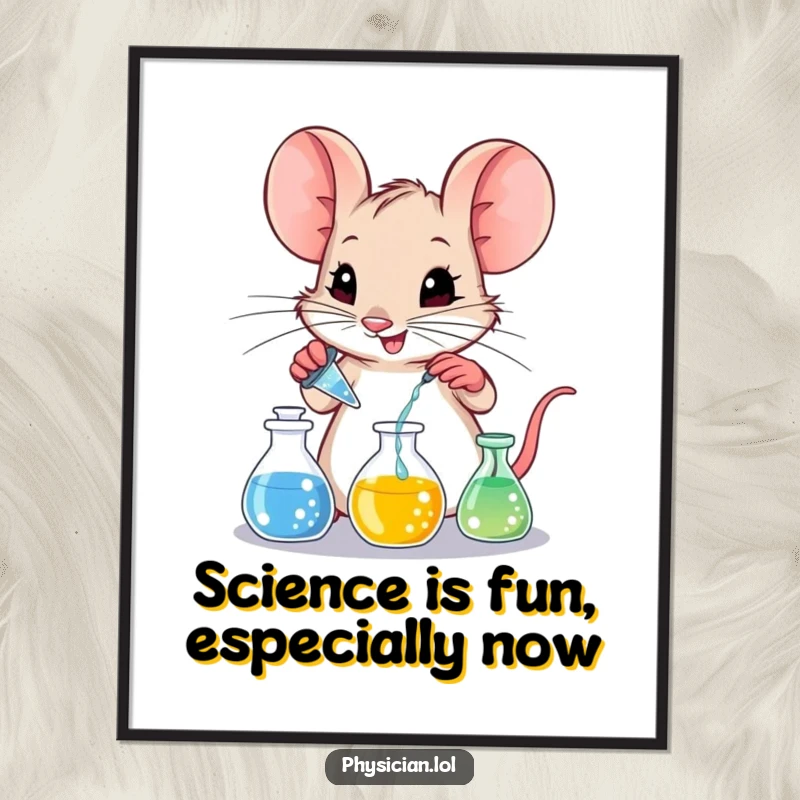 Funny Free Printable Wall Art: Mischievous mouse conducting a colorful experiment with tiny beakers, perfect decor.