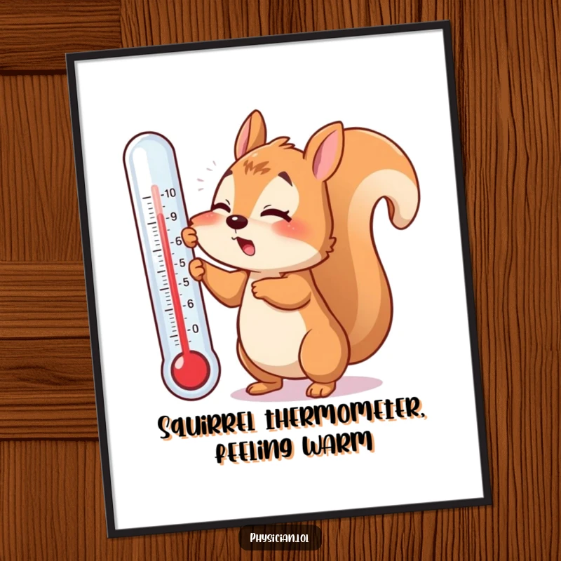 Funny Free Printable Wall Art: A flustered squirrel character trying to take its temperature with a huge thermometer.