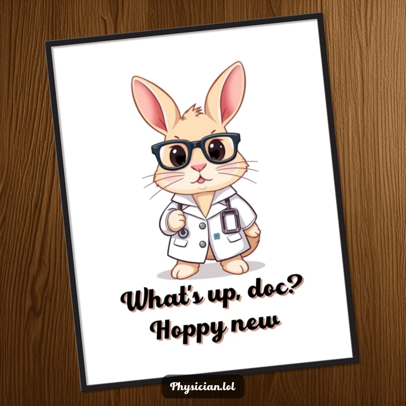 Funny Free Printable Wall Art of a curious rabbit wearing a lab coat and glasses, exuding academic charm and humor.