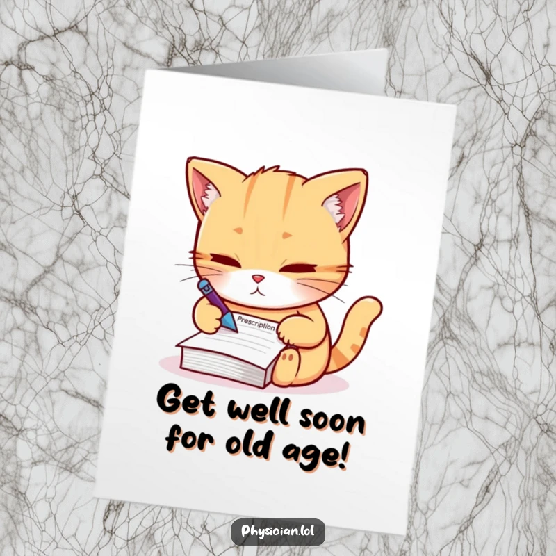 Funny free printable birthday card: A focused cat wearing a doctor's coat writes a prescription on a tiny notepad with utmost seriousness.