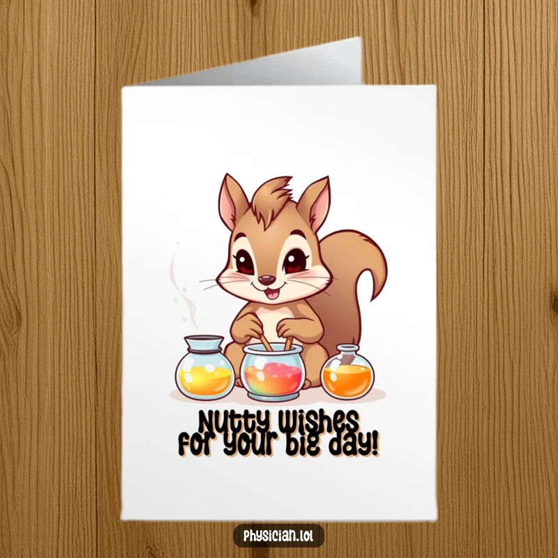 Funny Free Printable Birthday Card: Brave squirrel mixing a vibrant, funny potion for a unique DIY gift.