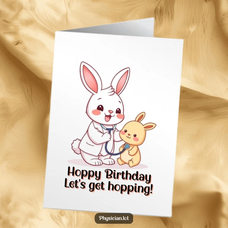 Funny Free Printable Birthday Card featuring a happy bunny doctor cheerfully checking a patient with a stethoscope.