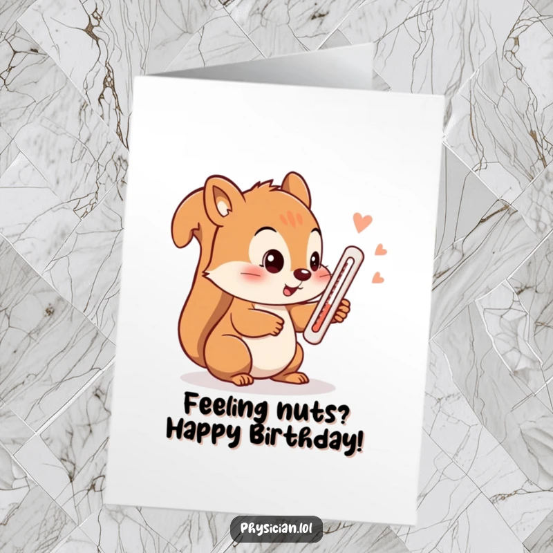 Funny Free Printable Birthday Card: A squirrel with a thermometer looking concerned, perfect for a quirky celebration.