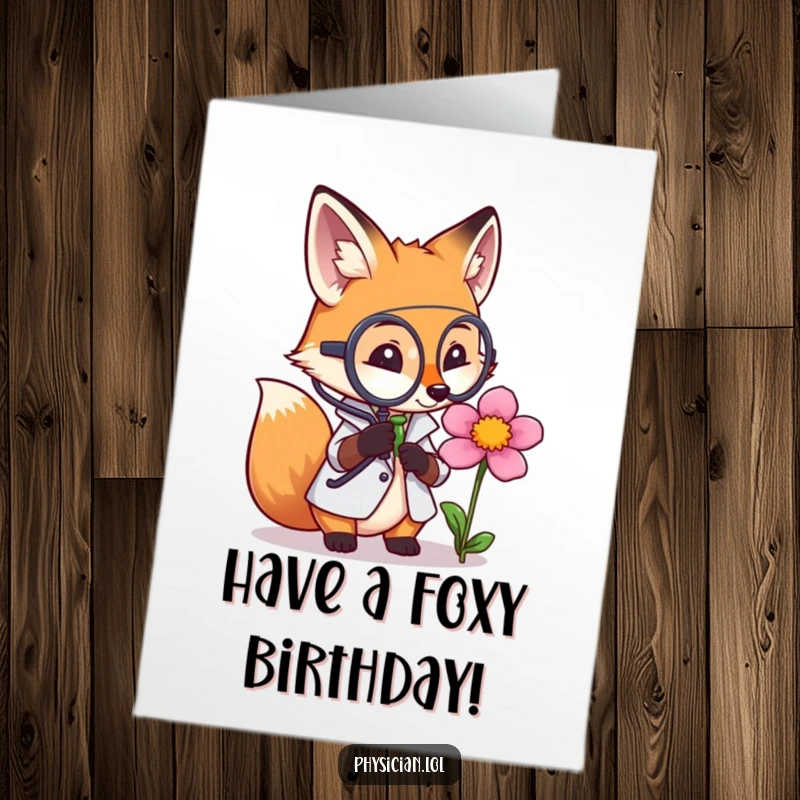 Funny free printable birthday card: a fox doctor intently studying a flower through a magnifying glass with a serious look.