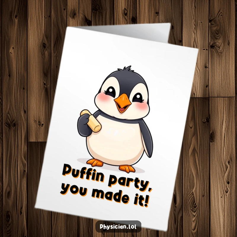 Funny Free Printable Birthday Card: Giggling puffin cheerfully offers a small pill, spreading medicinal mirth and downloadable cheer.