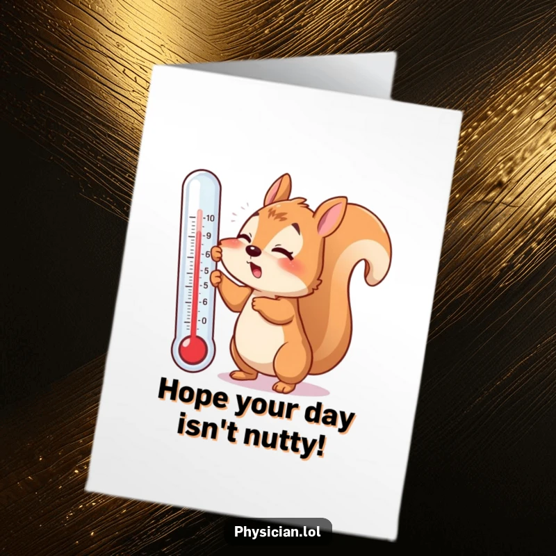 Funny Free Printable Birthday Card: A flustered squirrel tries to read a giant thermometer, looking concerned.
