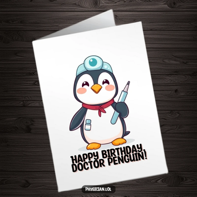 Funny Free Printable Birthday Card featuring a proud penguin holding a medical instrument, a humorous take on birthday health, downloadable gift.