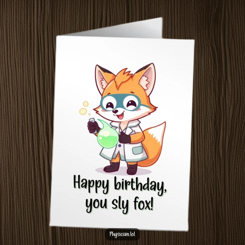 Funny Free Printable Birthday Card: A cheerful fox in a lab coat, examining a glowing potion, perfect for a scientific birthday wish.