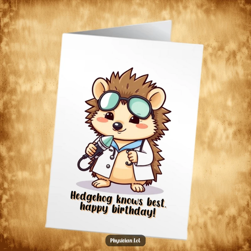 Funny Free Printable Hedgehog Doctor Birthday Card, a cute animal physician with a gentle instrument, ready to bring birthday cheer.