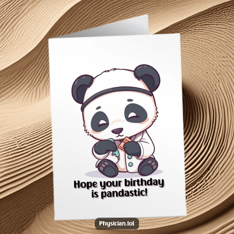 Funny free printable birthday card showing a panda doctor carefully placing a small bandage on someone.