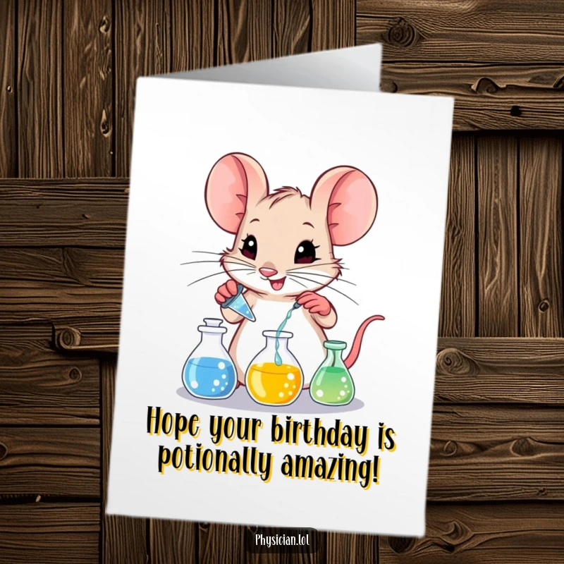 Funny Free Printable Birthday Card: Mischievous mouse scientist enthusiastically mixing colorful liquids in tiny beakers, DIY gift.