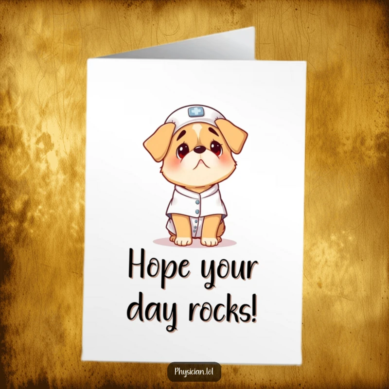 Funny Free Printable Birthday Card: Scared dog in patient gown, looking confused and anxious for a birthday surprise.