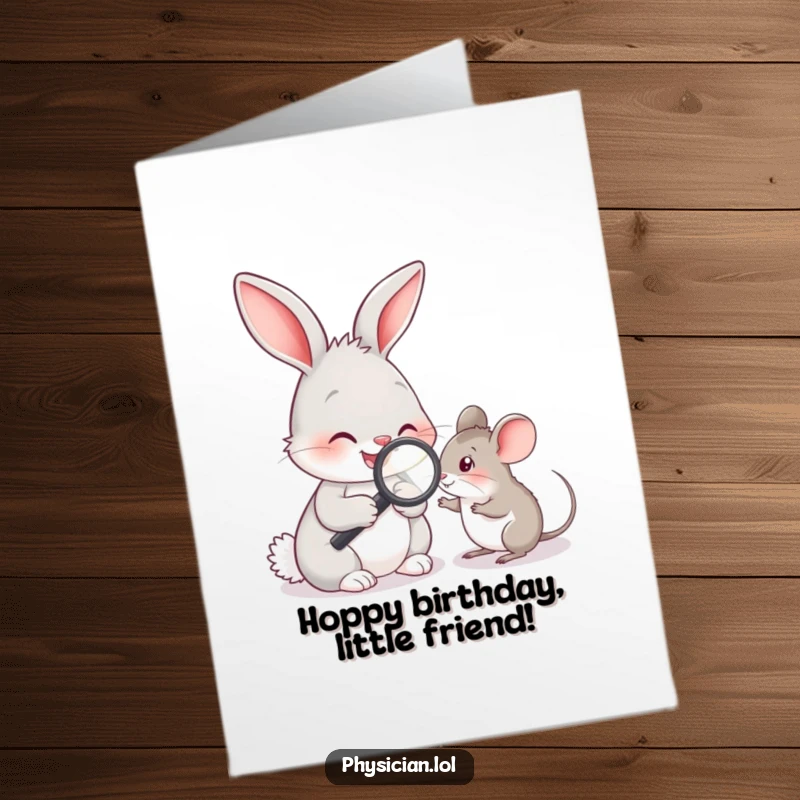 Funny Free Printable Birthday Card: A smiling rabbit doctor uses a tiny magnifying glass to examine a patient mouse. Cute and humorous.