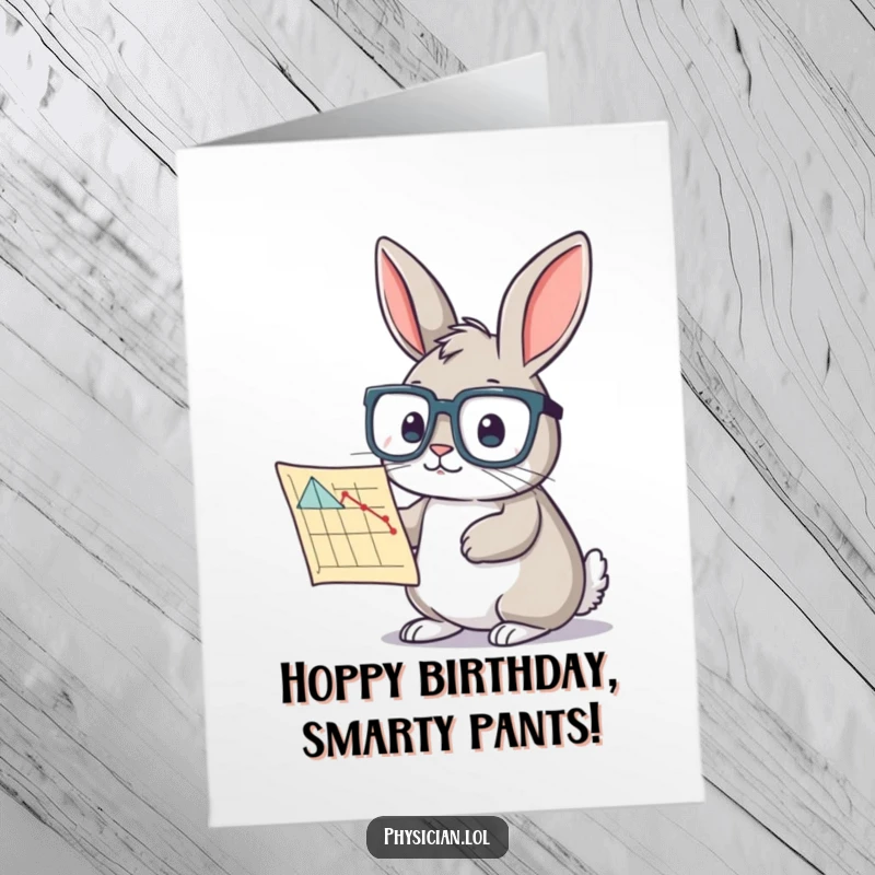 Funny Free Printable Birthday Card: Rabbit in big glasses studying chart, smart and cute, ideal for birthdays, downloadable gift.