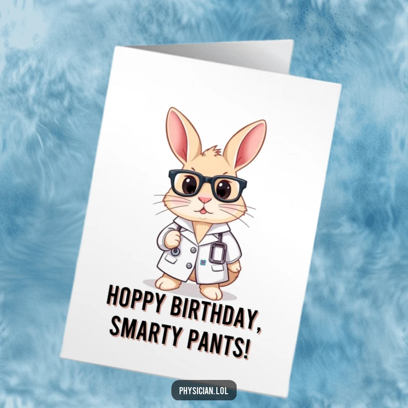 Funny Free Printable Birthday Card: A curious rabbit wearing a lab coat and glasses, looking intelligent and humorous.