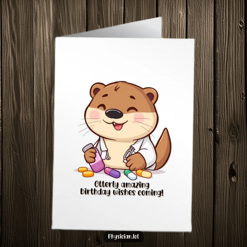 Funny Free Printable Birthday Card: A cheerful otter doctor prescribing colorful pills with a big smile.