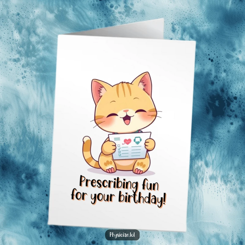Funny Free Printable Birthday Card: A beaming cat intently studying a medical chart, wishing a happy birthday with focus.