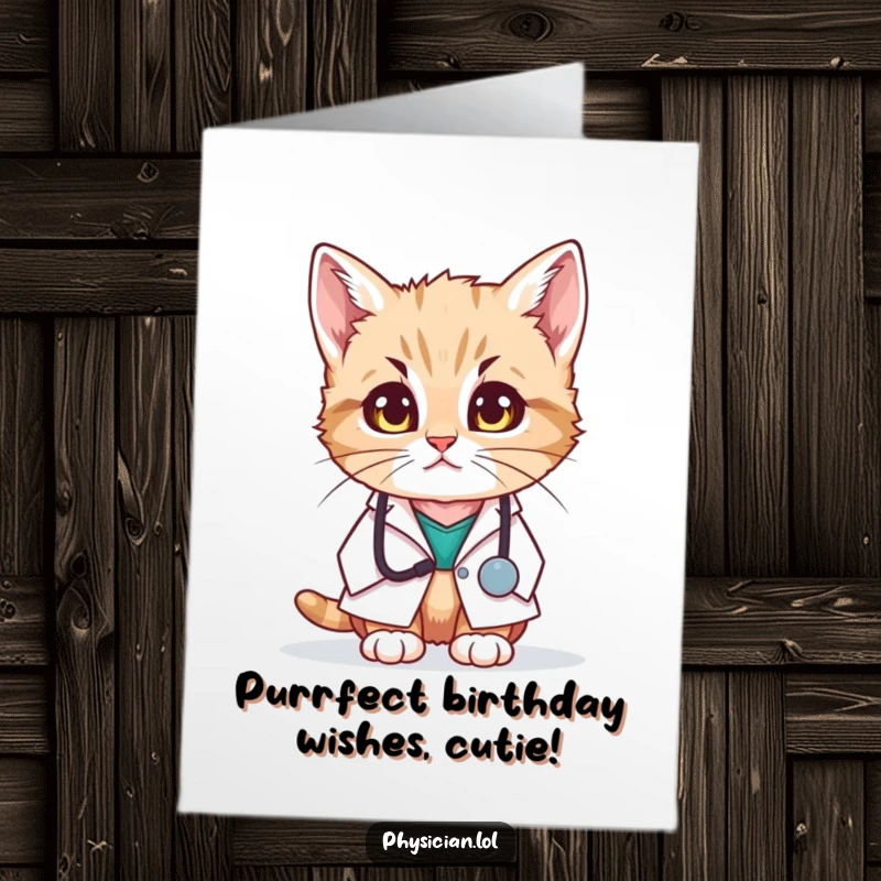 Funny free printable birthday card: a kitten in a doctor's coat looking very concerned about the birthday celebrations.