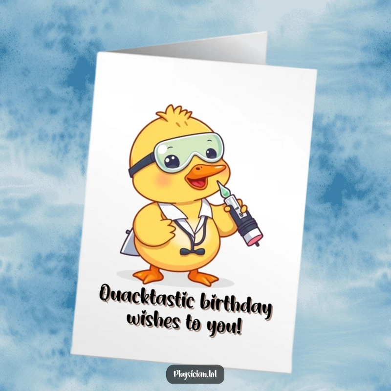 Funny Free Printable Duck Doctor Card: A cute duck in a doctor's coat gives a playful shot from a dropper.