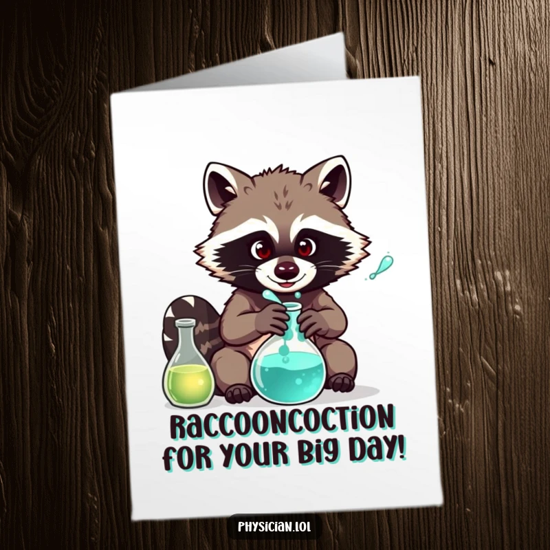 Funny Free Printable Raccoon Mad Scientist Card: Mischievous raccoon stirring bubbling potion, perfect for a quirky birthday.