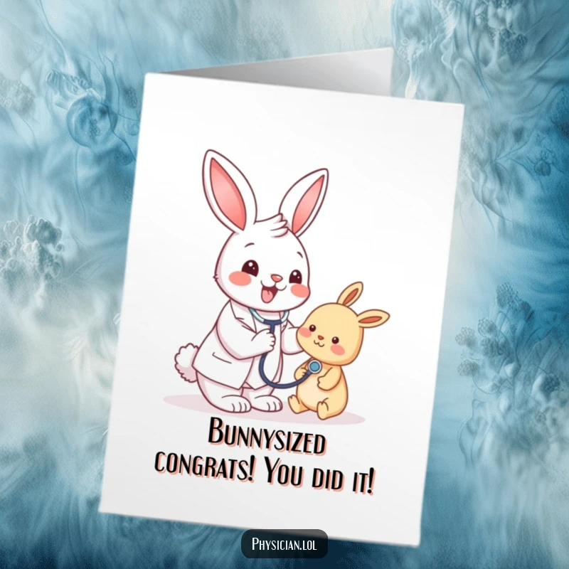 Funny Free Printable Congratulations Card: A happy bunny doctor giving a cheerful checkup with a stethoscope.