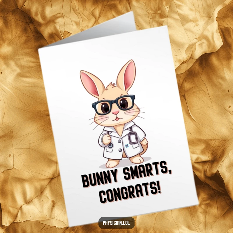 Funny Free Printable Congratulations Card showing a curious rabbit in a lab coat and glasses, perfect for academic achievements.