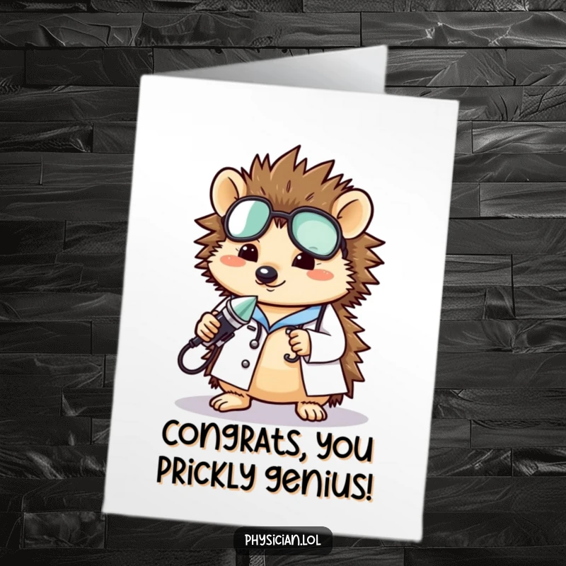 Funny Free Printable Hedgehog Doctor Congratulations Card, a quirky animal doctor, celebrating success with a tiny tool. A unique greeting.