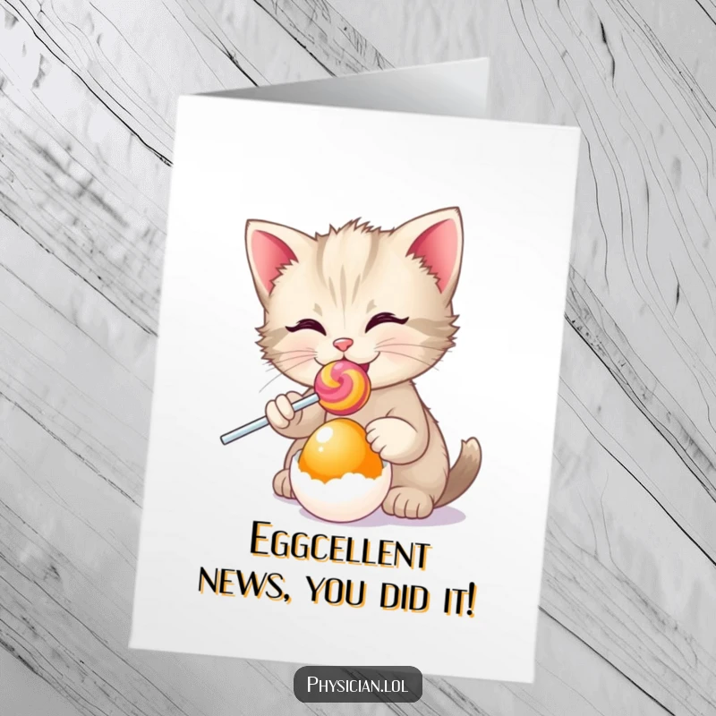 Funny Free Printable congratulations card: A happy kitten doctor offers a lollipop to an egg, signifying a sweet win.