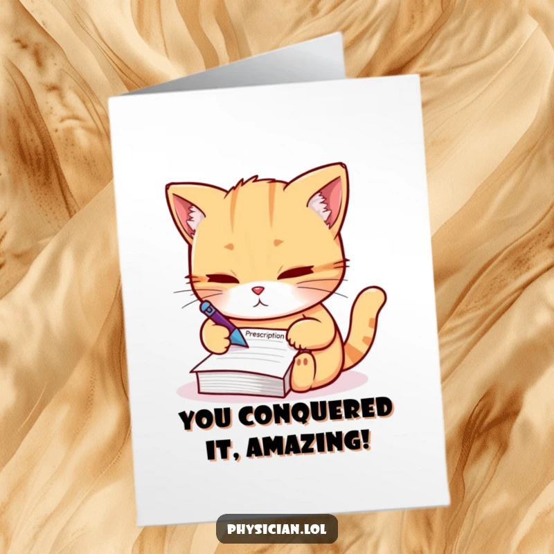 Funny free printable congratulations card: A determined cat writes a prescription, symbolizing a successful treatment or cure for a problem.