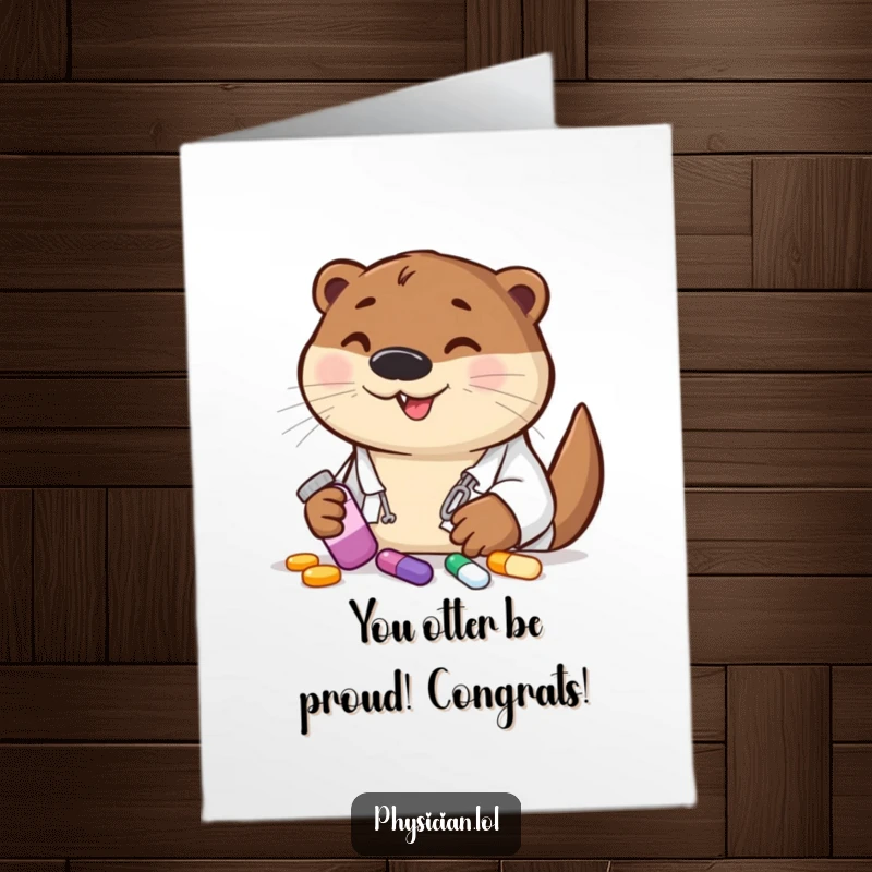 Funny Free Printable Congratulations Card: A cheerful otter doctor happily giving colorful pills.