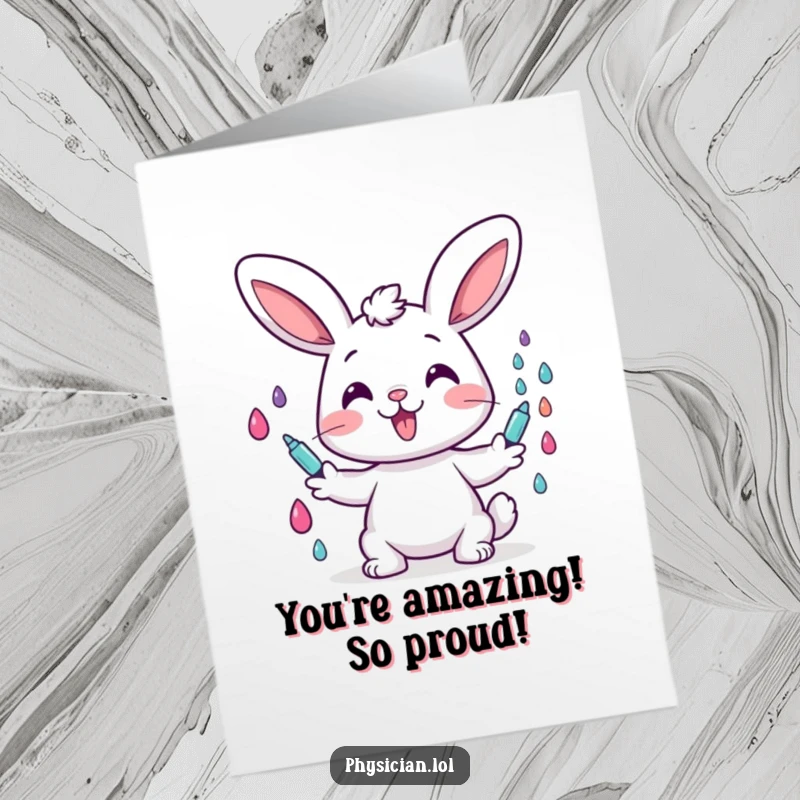 Funny Free Printable Congratulations Card: A cheerful bunny administers colorful drops, wishing good health and joy.