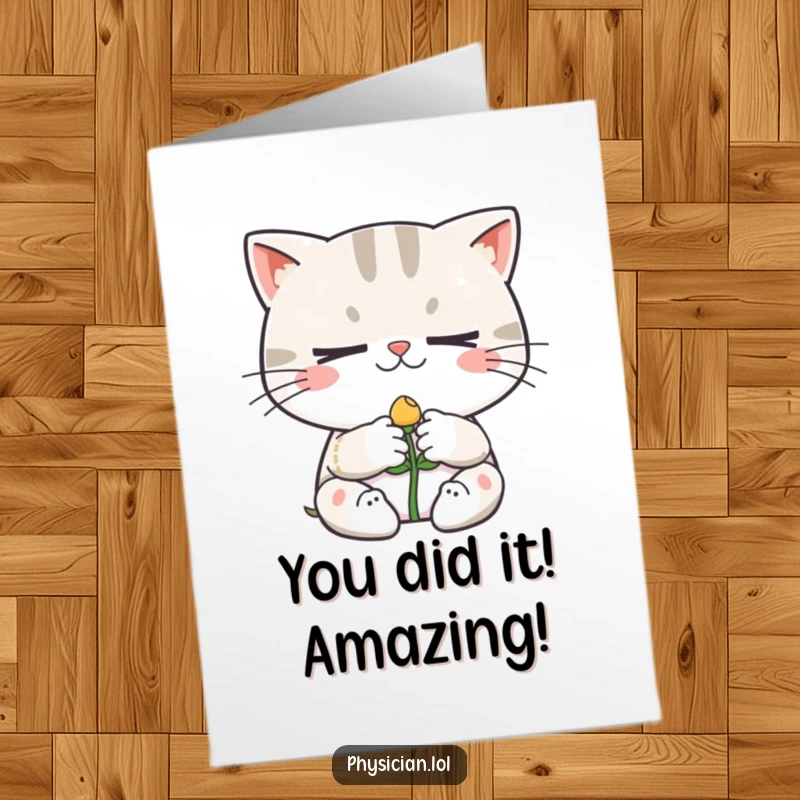 Funny Free Printable Congratulations Card: A determined cat bandages a smiling sprout, symbolizing growth and new beginnings.