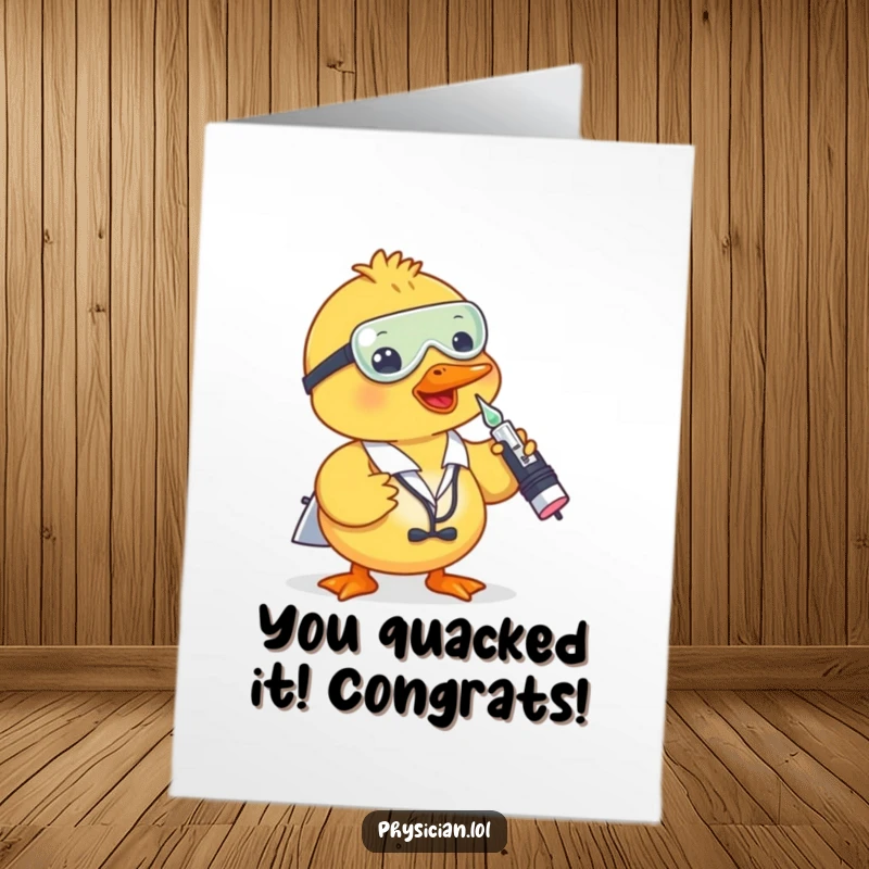 Funny Free Printable Duck Doctor Card: A cheerful duck doctor playfully administers a tiny shot from a dropper.