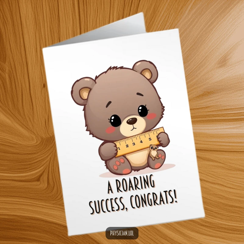Funny Free Printable Congrats Card: Curious bear cub comically measures a tiny patient with an oversized ruler, celebrating success.