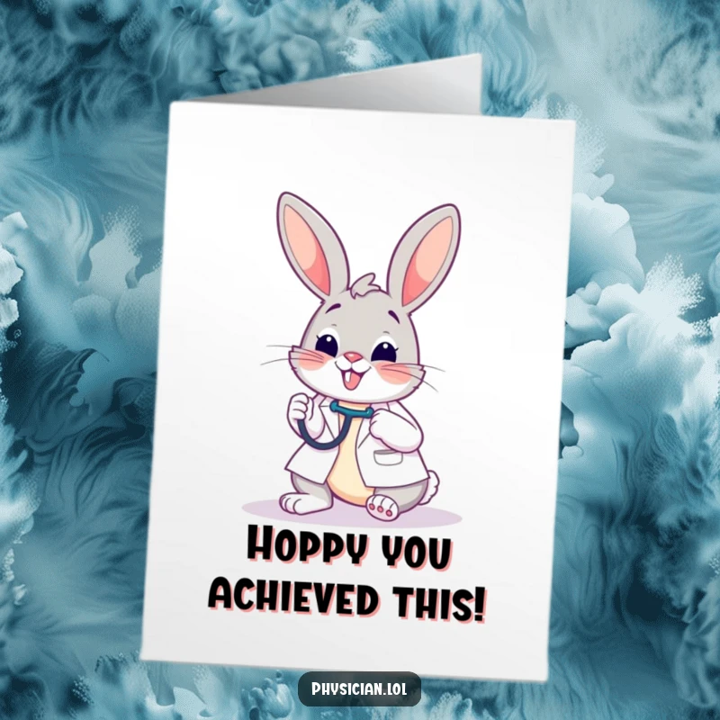 Funny free printable congratulations card showing a bunny doctor beaming while using a stethoscope on someone.
