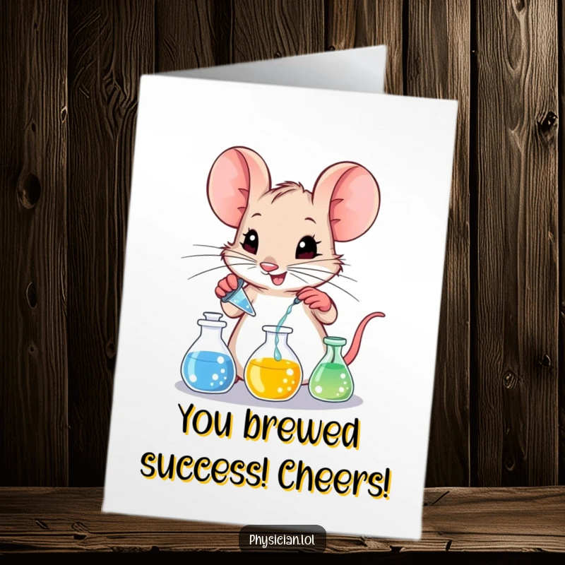 Funny Free Printable Congratulations Card: Mischievous mouse tinkerer mixing bubbling beakers, a unique DIY gift.
