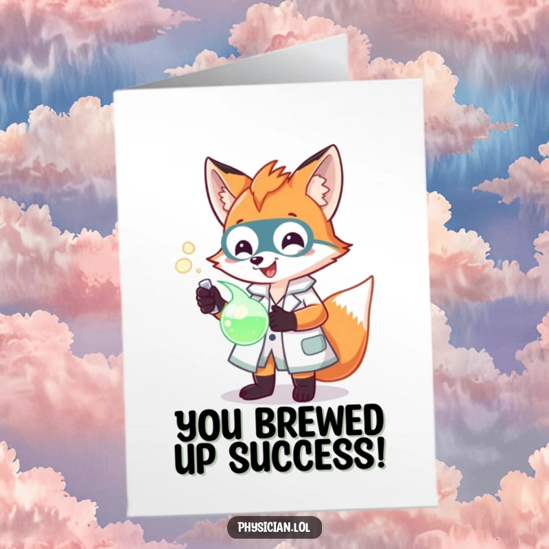 Funny Free Printable Congratulations Card: A cheerful fox in a lab coat, examining a glowing potion, celebrating a brilliant achievement.