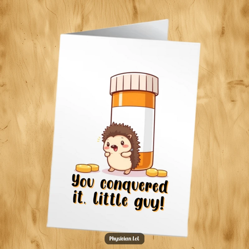 Funny Free Printable Hedgehog Congratulations Card: Small hedgehog hilariously colliding with a massive pill bottle, perfect for congrats.