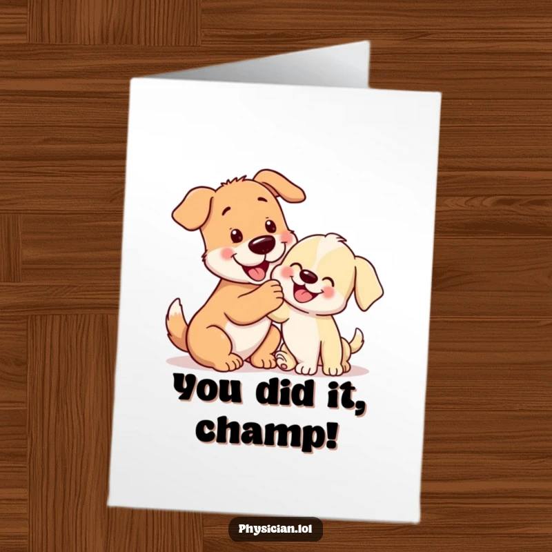 Funny Free Printable Congratulations Card: A happy dog gives a small puppy a loving pat, symbolizing support and celebration. Encouraging and cute.