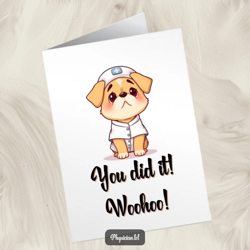 Funny Free Printable Congratulations Card: A bewildered dog in a tiny patient gown, looking quite alarmed for your success.